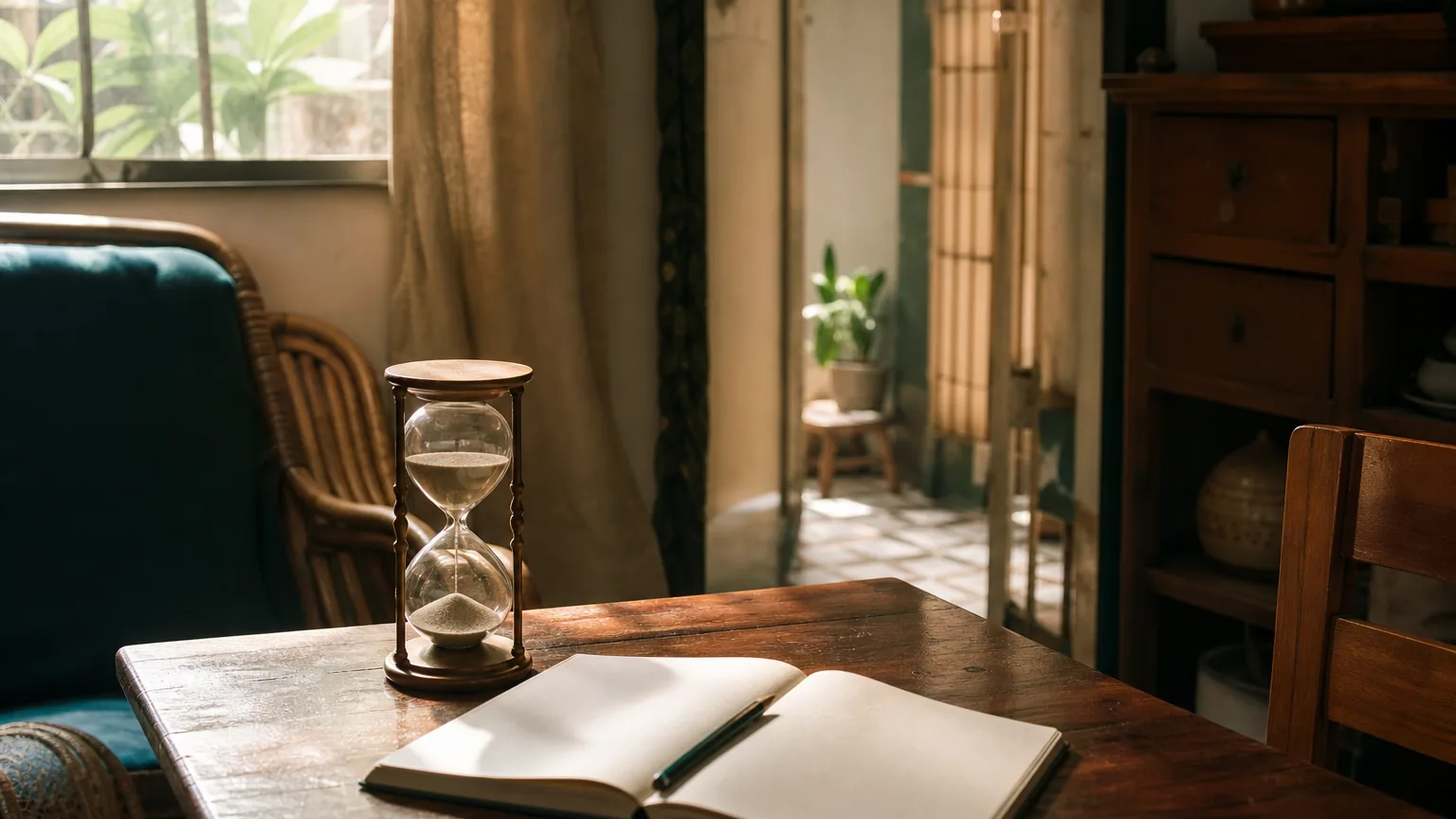 一個小時漏擺喺木桌,旁邊一本攤開嘅空白筆記簿同一支鉛筆,柔和晨光。
