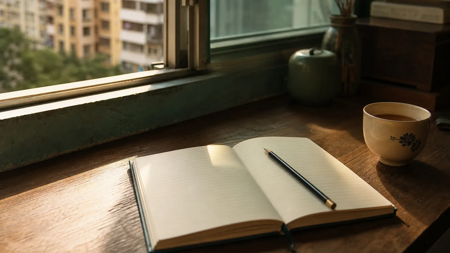木書桌上攤開一本空白橫線筆記簿同一支鉛筆,旁邊一杯茶,晨光斜落紙面。
